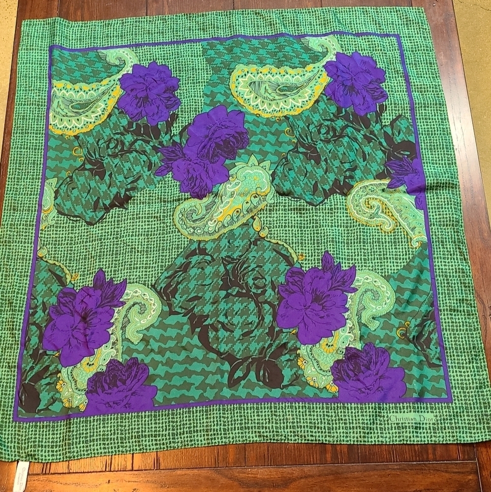 Christian Dior Autumn Green Hues Violet Floral Paisley Silk Scarf